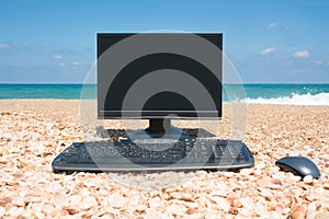 Computer, holiday concept, beach office