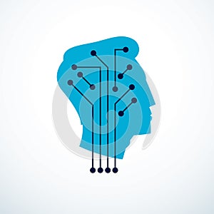 Computer human android bot, artificial intelligence concept. Human profile with electronics elements icon. Vector logo design.