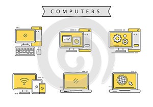 Computer icon collection draw in filled line style