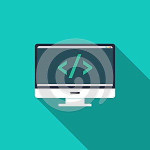 Computer icon programming web development concept flat design cartoon vector illustration