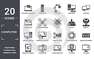 computer icon set. include creative elements as laptop with a graduation cap, computers, save file, connected folder data, data