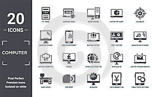 computer icon set. include creative elements as pc tower, calibrate, video lecture, download from the net, dvd drive, laptop