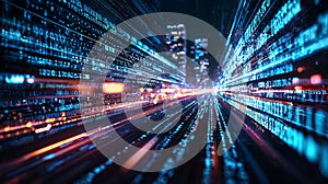 A computer image of a city at night with binary code