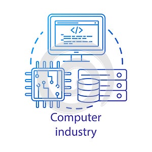 Computer industry concept icon. Hardware, software development. Programming. Data server, CPU. Information technology