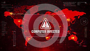 Computer Infected Alert Warning Attack on Screen World Map.