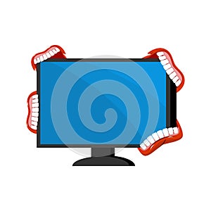 Computer is infected with viruses. Virus is biting PC. Web security concept. Vector illustration.