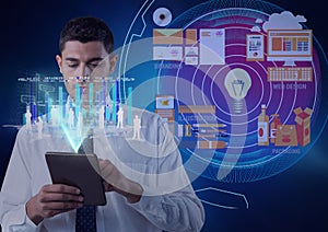 Computer interface with data processing against businessman using digital tablet