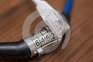 Computer internet cable and lock. Internet security concept. Digital cyber safety or security encryption concept