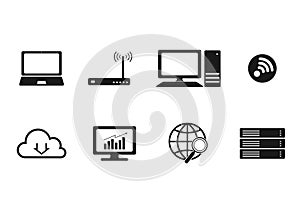 Computer internet icon set, black and white isolated signs