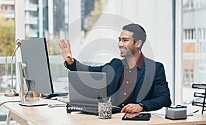 Computer, invisible screen and business man in office with hand gesture for hologram, virtual tech and ai. Network