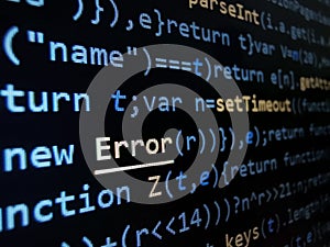 Computer javascript script code focus on error code. Programming code abstract on developer screen. Digital cyber data. Hacker and