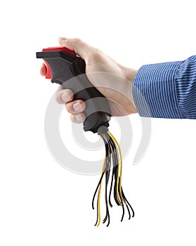 Computer joystick with cables in hand