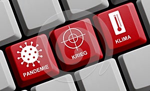 Computer keybard showing Pandemic, War and Clima Crisis german - 3D illustration photo