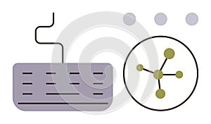 Minimalist keyboard and network connection concept with nodes and data flow representation