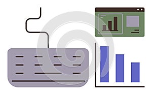 Computer Keyboard with Web Analytics Dashboard and Bar Chart Visualization