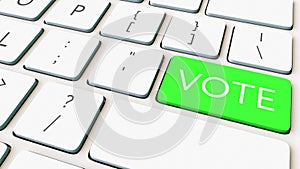 Computer keyboard and green vote key. Conceptual 3D rendering