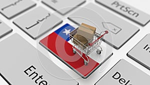 Computer keyboard key with flag of Chile and shopping cart with cartons, online shopping conceptual 3d rendering