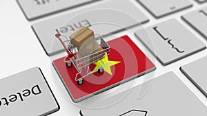 Computer keyboard key with flag of Vietnam and shopping cart with cartons, looping online shopping conceptual 3d