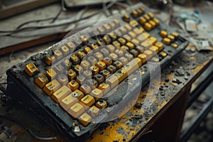 A computer keyboard with keys covered in yellow coloring, giving it a unique appearance, A dusty keyboard with yellowed keys