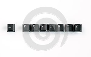 Computer keyboard keys spelling End Poverty, isolated on white background