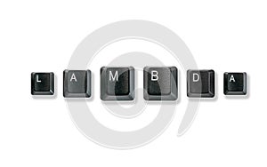 Computer keyboard keys spelling Lambda, isolated on white background