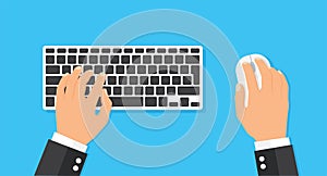 Computer keyboard and mouse with hands of user - stock vector