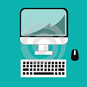 Computer, keyboard, mouse. Part of a set of objects for the desktop, for working on the Internet on self-isolation, for study. Iso