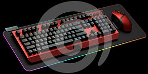 Computer keyboard and mouse on professional pad isolated on black background.