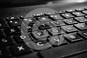 Closeup view of a laptop keyboard.