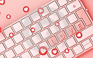 Computer keyboard with pink heart symbol icon and on pink background