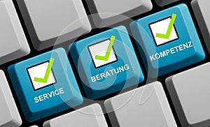 Computer keyboard showing Service, Consulting, Competence in german language with ticks - 3d illustration