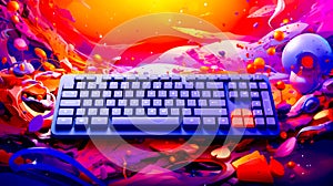 Computer keyboard sitting on top of purple and red surface with orange and pink background. Generative AI