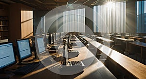 Computer lab classroom with sunlight streaming through windows for education and learning