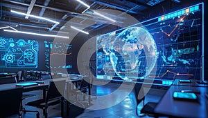 A computer lab with a large screen showing a globe by AI generated image