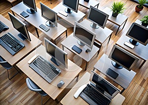 Computer lab with multiple workstations and monitors