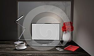 Computer Labtop white screen on wooden surface table. Black coffee in white mug. Red roses in white vase. Concept and copy space