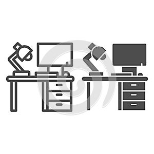 Computer with lamp and desk line and solid icon, Coworking concept, office workspace sign on white background, workplace