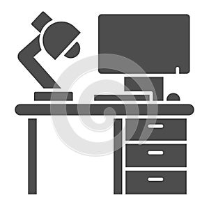 Computer with lamp and desk solid icon, Coworking concept, office workspace sign on white background, workplace with