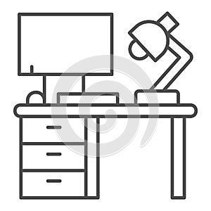 Computer with lamp and desk thin line icon, Coworking concept, office workspace sign on white background, workplace with