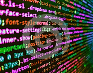 Computer language script code screen. Modern tech. Programming Javascript on laptop computer screen. Simple website HTML code with