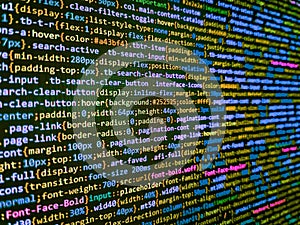 Computer language script code screen. Computer program preview. Abstract computer script source code. Matrix byte of binary data