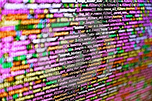 Computer language script code screen. Programmer occupation. Shallow Depth of Field effect. Monitor closeup of function source