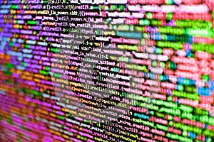 Computer language script code screen. Programmer occupation. Shallow Depth of Field effect. Monitor closeup of function source