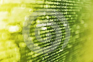 Computer language script code screen. Screen of web developing code on dark background. Abstract modern virtual computer script.