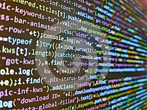 Computer language script code screen. Writing program code on computer. Big data database app. Abstract computer script about big