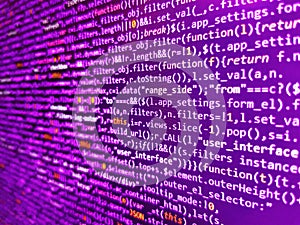 Computer language script code screen. Writing programming code on laptop. Internet app development and design. HTML and CSS code