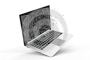 Computer or laptop with broken screen isolated on white background for your design project, 3D Rendering