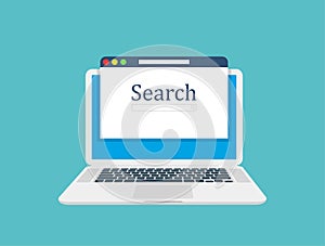 Computer laptop, browser window and ranking sites in search results of web search engine. Search engine. Flat design