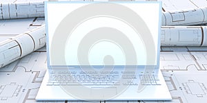 Computer laptop empty screen and project design blueprints. 3d illustration