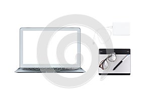 Computer laptop, graphic tablet and external harddisk